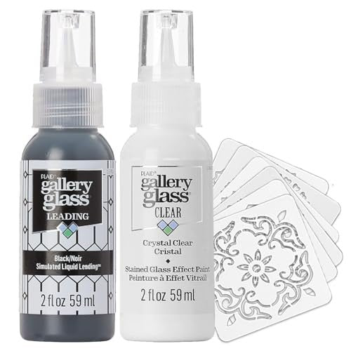Gallery Glass (2 fl oz Jewel Tones) and 16 Pixiss Stencils for Crafts - Stained Glass Paint and Liquid Leading for Faux Stained Glass Painting with Paint Stencils for Spray Paint, Drawing, etc