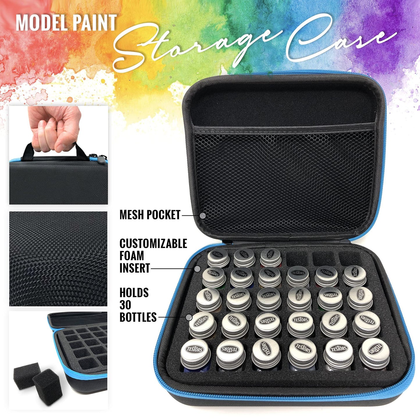 Pixiss Model Paint Storage Case for Testors Paints with 6 Fine Detail Miniatures Paint Brushes (Paint Not Included)