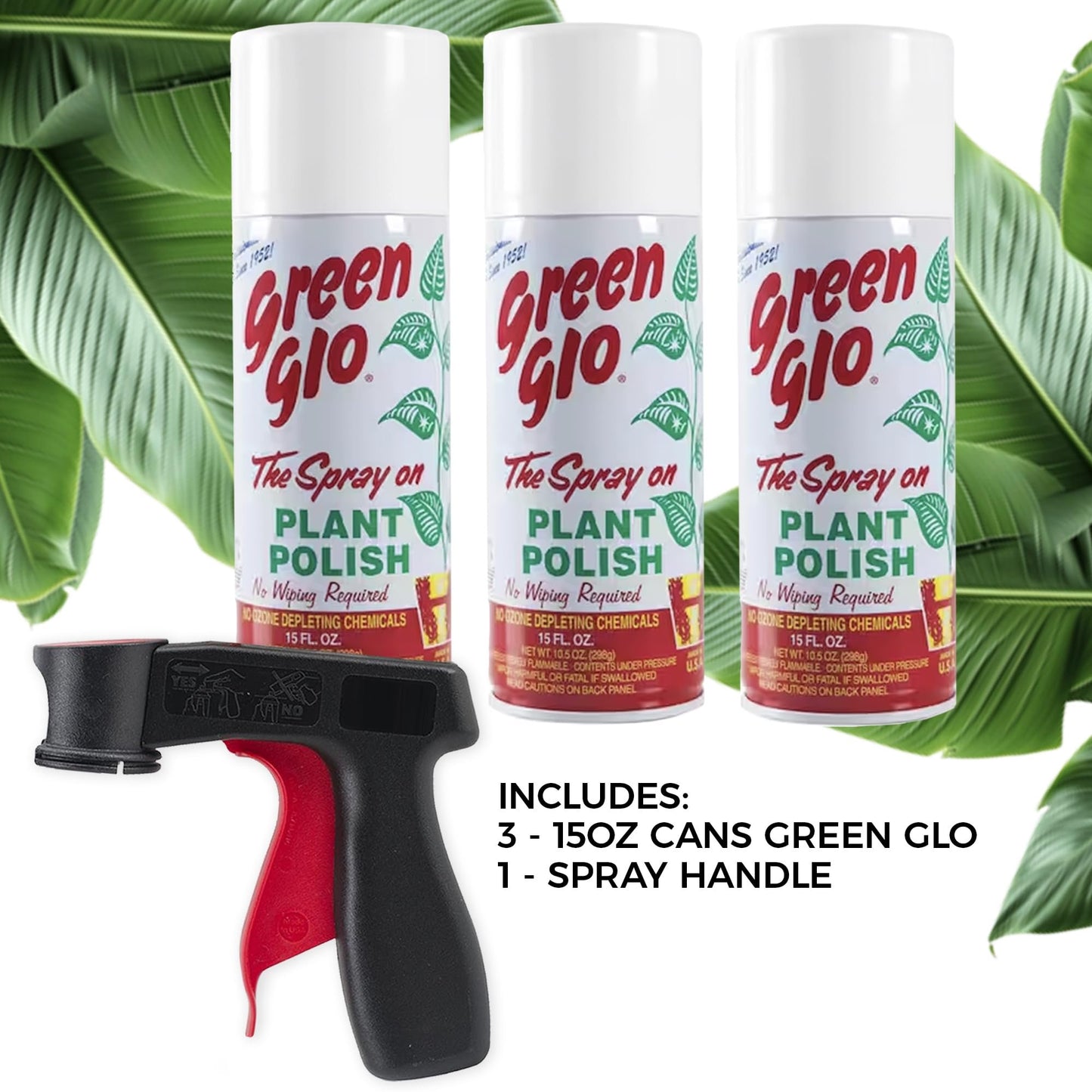 3-Pack Green Glo Plant Polish – 13 oz Aerosol Spray for Natural Leaf Shine, Dust Removal, and Foliage Care with Pixiss Spray Handle – Perfect for Indoor Plants, Floral Arrangements, and Leaf Cleaning