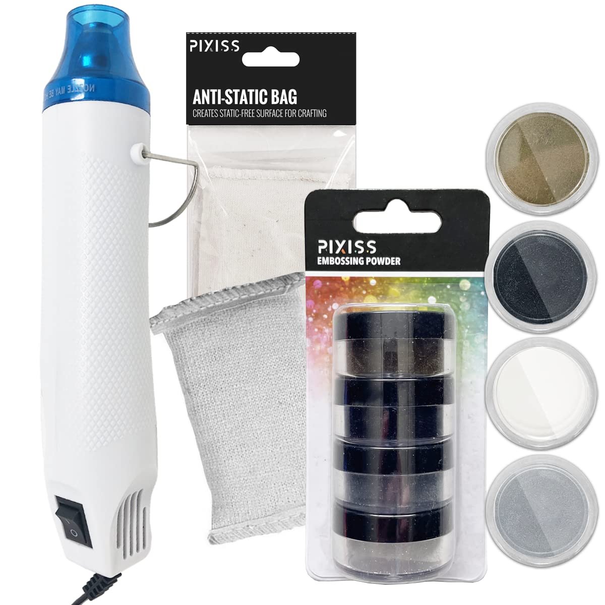 Embossing Heat Tool Heat Gun, Dual Temperature Speed Professional Heat Tool for EVA Foam Cosplay, Crafts, Embossing Arts, Candles, Shrink Wrap, with 4 Pixiss Embossing Powders