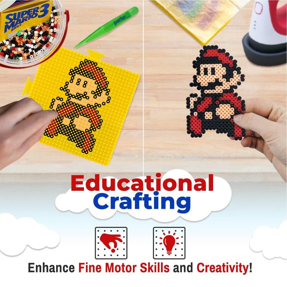 Super Mario Bros 3 Perler Beads Set with Perler Bead Pegboard (x3), Perler Tweezers (x2) and Ironing Paper - Fuse Bead Kit for Mini Beads Pixel Art - 5000 pcs Perler Beads Kit