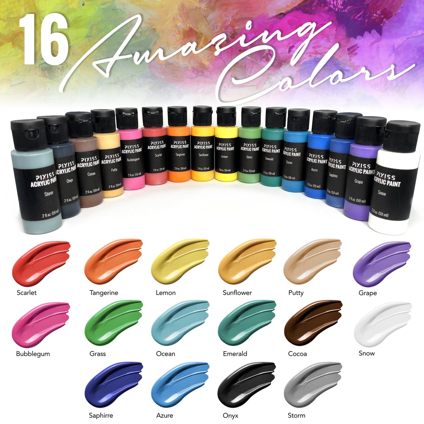 PIXISS Acrylic Paint - 16 Color Set