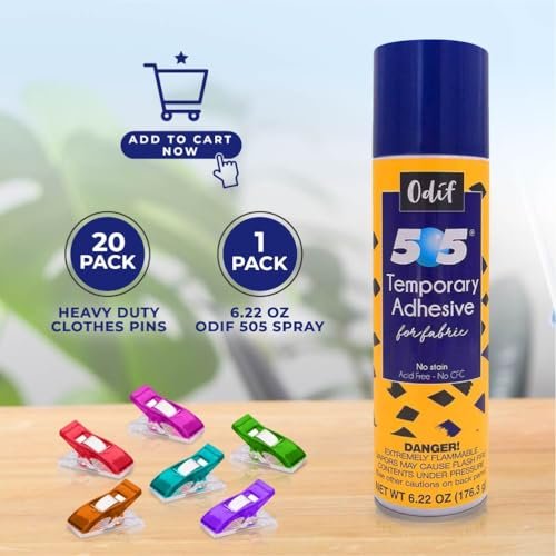 Odif 505 Spray and Fix Temporary Fabric Adhesive Basting Glue 6.22oz, 505 Spray Adhesive for Embroidery, Quilt Basting Spray for Quilting, Plus 25 Sewing Fabric Clips
