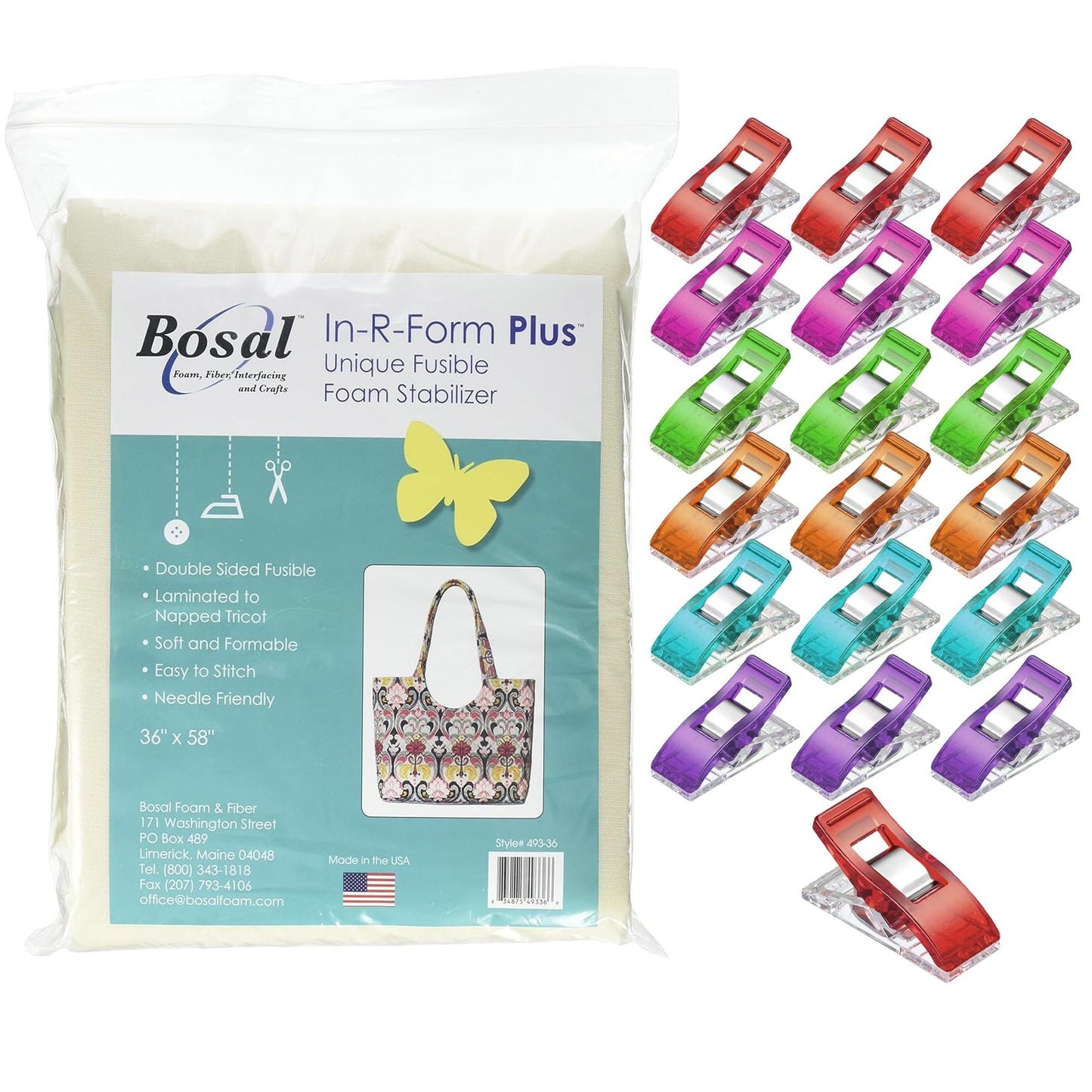 Bosal in-R-Form Plus Double-Sided Fusible Foam Stabilizer 36" x 58" with 20 Fabric Clips – Soft, Formable, Easy-to-Stitch Foam for Bags, Quilting, Crafts, and Sewing