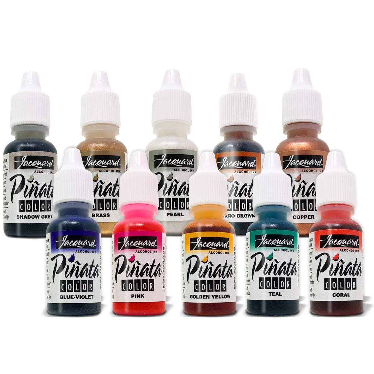 Jacquard Pinata 10 Color Bundle Alcohol Ink New 2019 Colors Golden Yellow, Pink, Coral, Blue Violet, Teal, Copper, Brass, Pearl, Shadow Grey, Burro Brown, with 10X Pixiss Blending Tools