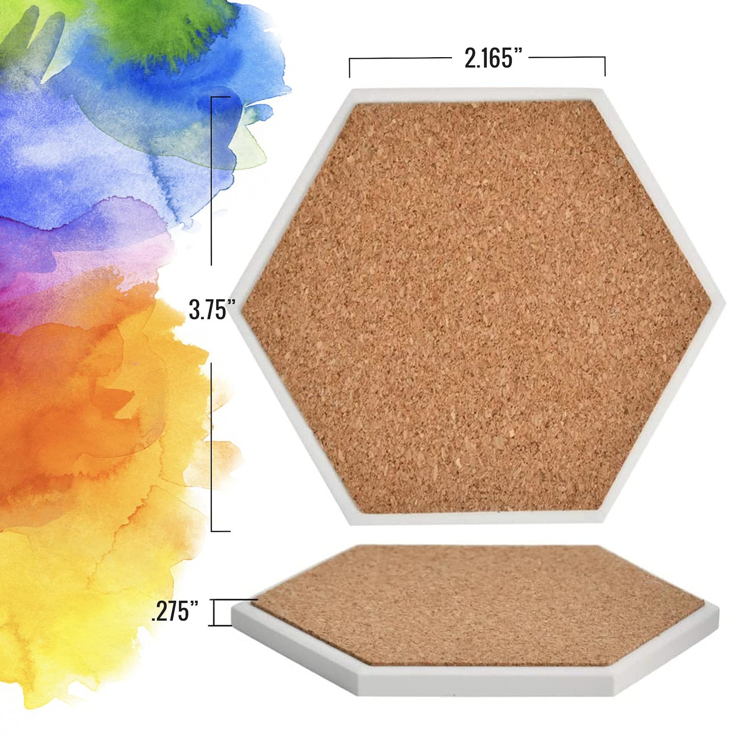 PIXISS Glazed Hexagon Ceramic Coaster/Tiles with Cork Backing - 50PC