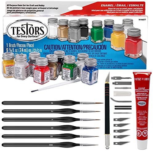 Testors Model Paint Enamel Paint Set 9146XT, Testors Cement Plastic Model Glue Adhesive, 6 Fine Detail Miniatures Paint Brushes, Precision Crafting Knife with Extra Blades and Tips