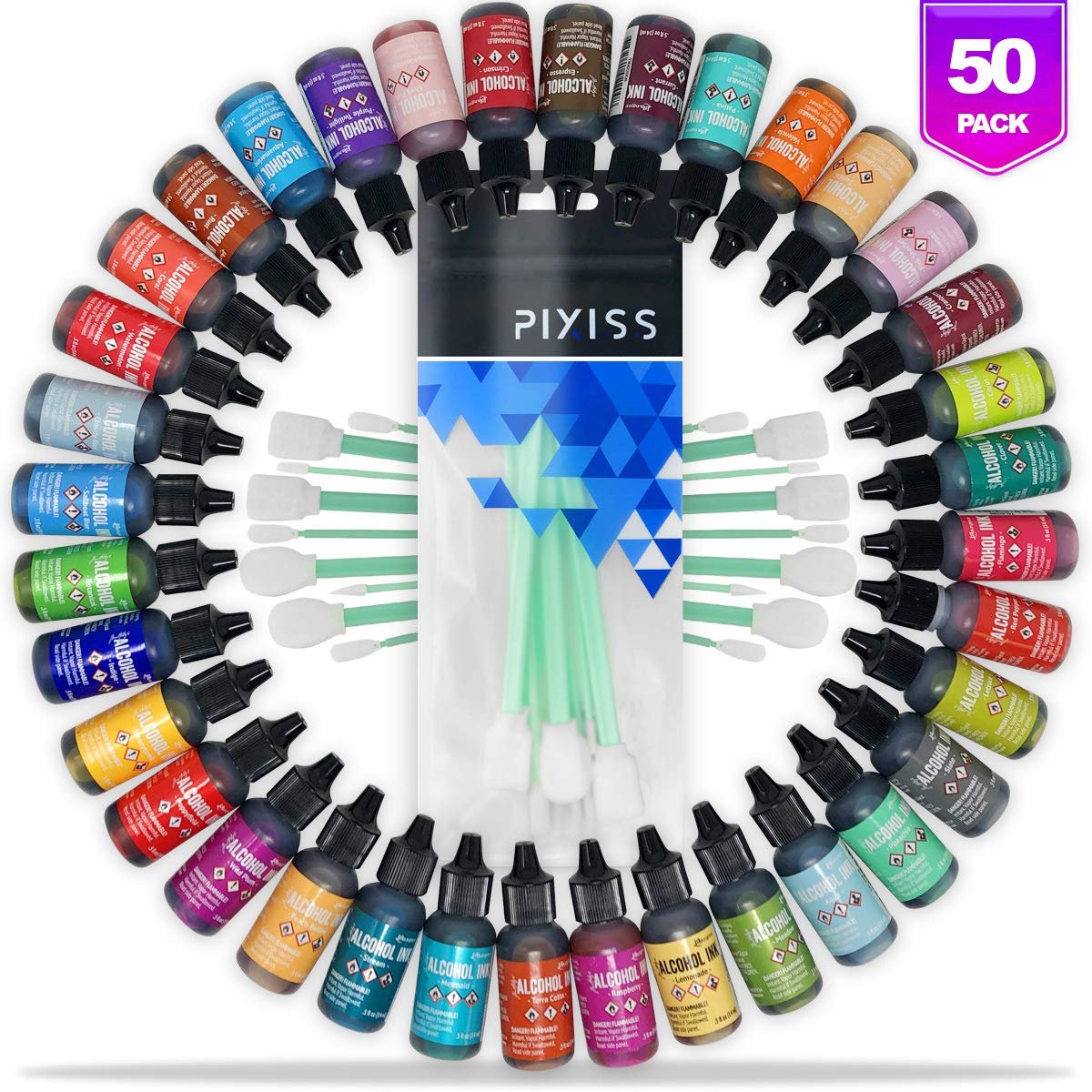 Ranger Alcohol Inks 50 Pack, .05oz. - Pixiss Blending Tools, (Assorted Colors No Duplicates)