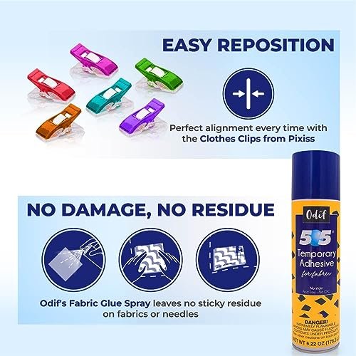 Odif 505 Spray and Fix Temporary Fabric Adhesive Basting Glue 6.22oz, 505 Spray Adhesive for Embroidery, Quilt Basting Spray for Quilting, Plus 25 Sewing Fabric Clips