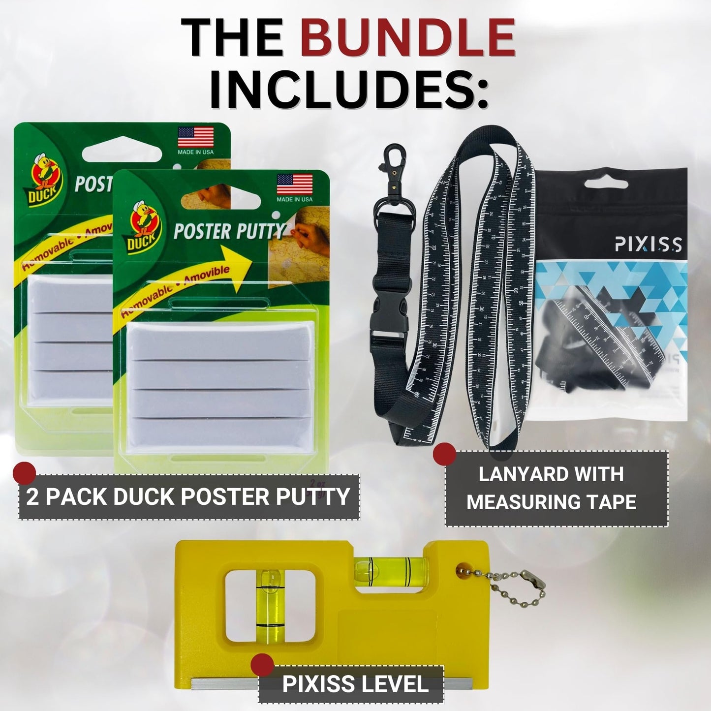 Duck Brand Wall Putty (2pk) with Measurement Lanyard and Leveler Tool - Sticky Tack and Pocket Level for DIY Home Projects, Classroom Decoration - Pixiss Lanyard with Measurements up to 31"
