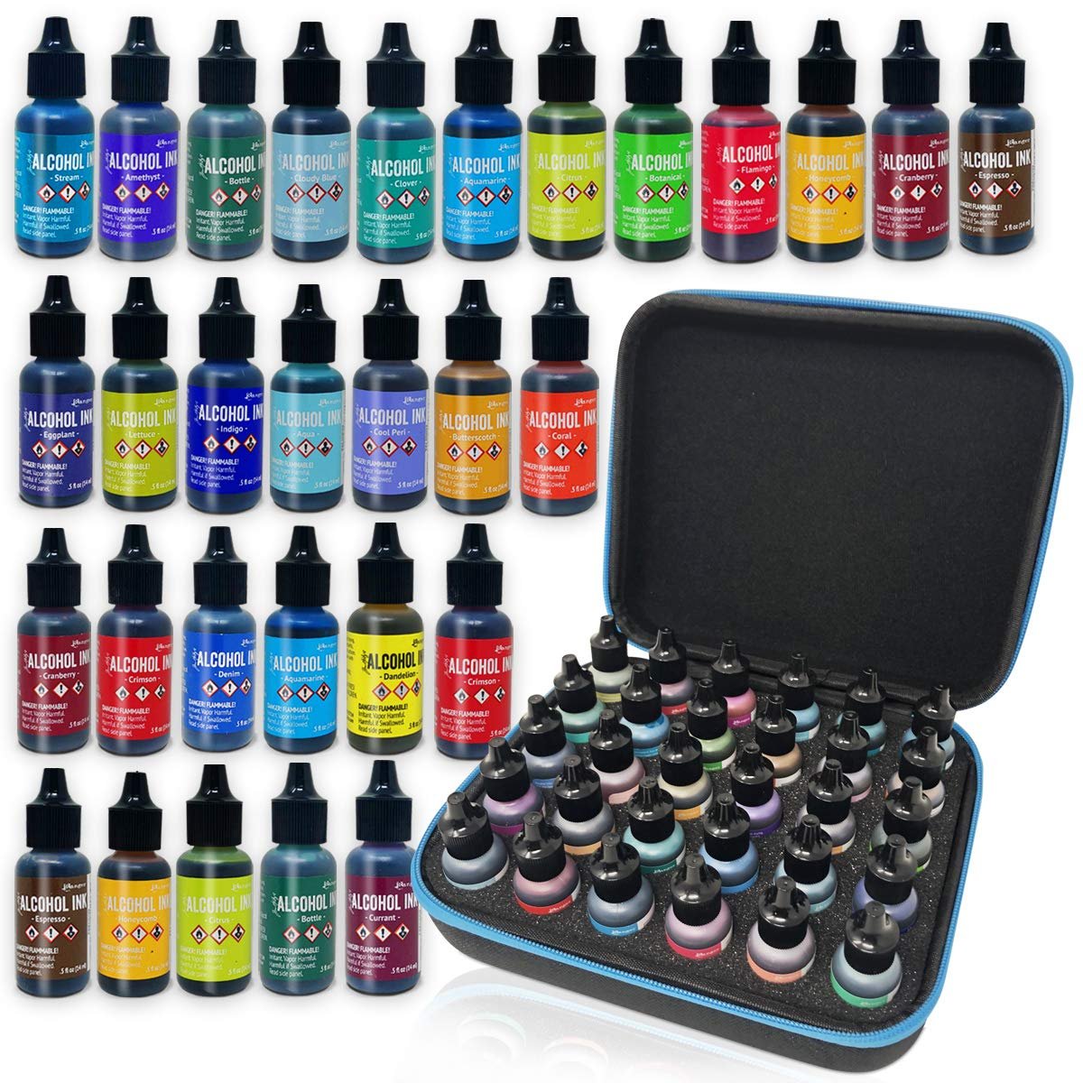 30x Tim Holtz Alcohol Ink .5oz Bottles (Assorted Colors), Pixiss Alcohol Ink Storage Carrying Case Organizer, Stores 30x 0.5-Ounce Bottles of Alcohol Ink, Stickles, Glossy Accents or Reinkers, Travel