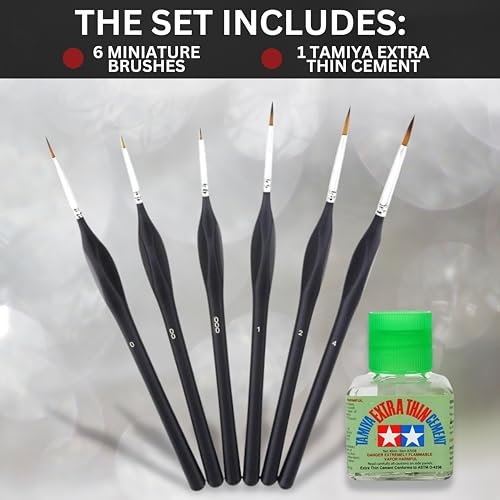 Tamiya Extra Thin Cement with Fine Tip Applicator and 6 Pixiss Miniature Paint Brushes - 4 oz Plastic Model Glue for Miniatures, Scale Models - Fine Detail Paint Brush Set for Modeling and Gundam Kits