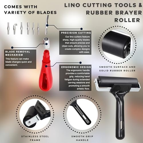 Pixiss Printmaking Supplies - Linoleum Blocks for Printmaking (3 Pack) 8"x10"x1/8" and Linocut Tools - Rubber Roller and Linocut Carving Tool for Block Printing Kit - Linoleum Stamp Making Kit