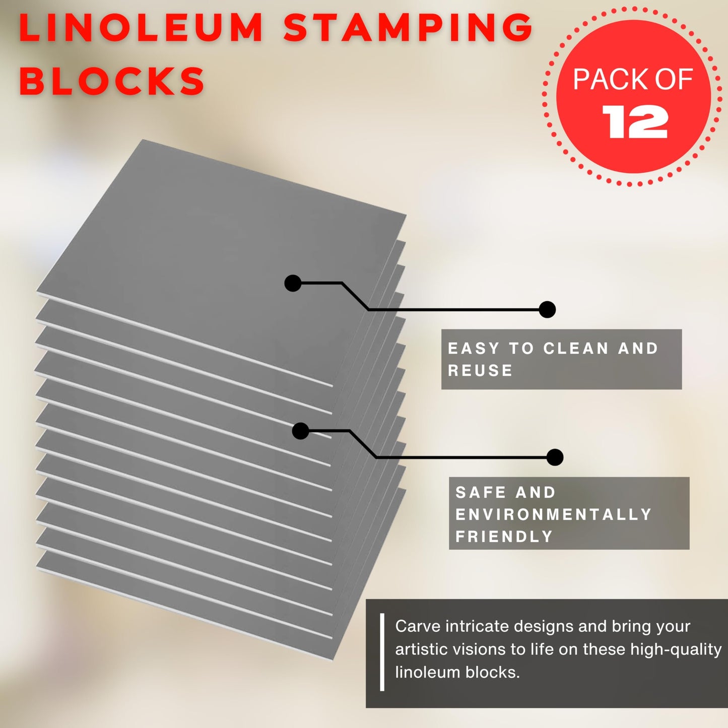 Linoleum Blocks for Printmaking - Printmaking Supplies from Pixiss - Linocut Rubber Stamps (12 Pack) 8"x10"x1/8" - Stamp Block for Stamp Making Kit - Linoleum Block Printing Kit for Relief Printing