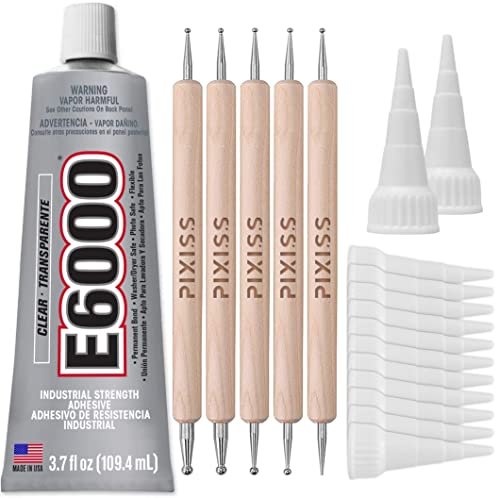 Bundle - E6000 3.7 Ounce (109.4mL) Tube Industrial Strength Adhesive for Crafting, 4 Snip Tip Applicator Tips and Pixiss Art Dotting Stylus Pens 5 pcs Set