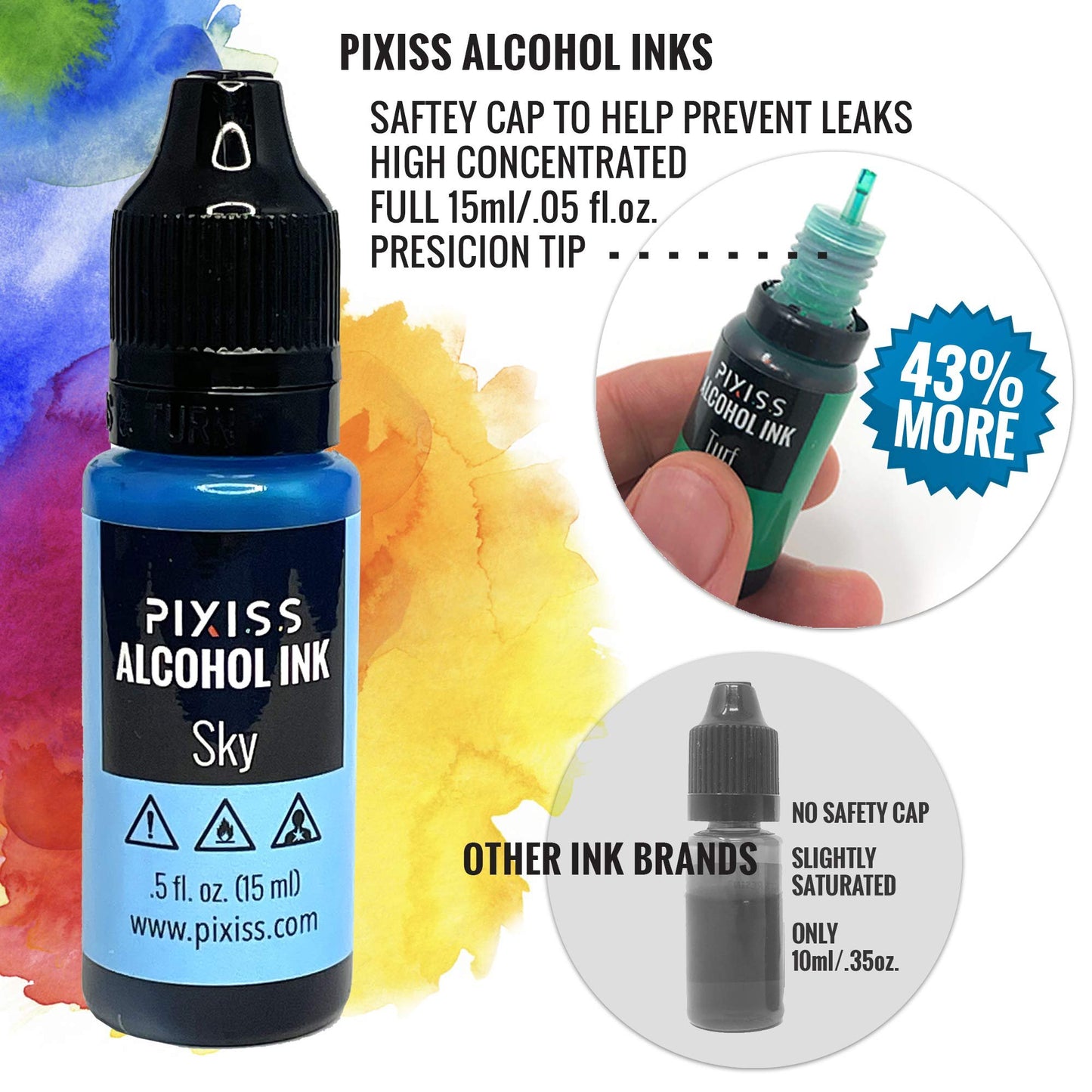 Pixiss Alcohol Ink Set - 25 Large Highly Saturated Colors (15ml/.5oz) Alcohol-Based Inks for Resin Petri Dishes, Alcohol Ink Paper, Tumblers, Coasters, Resin Dye