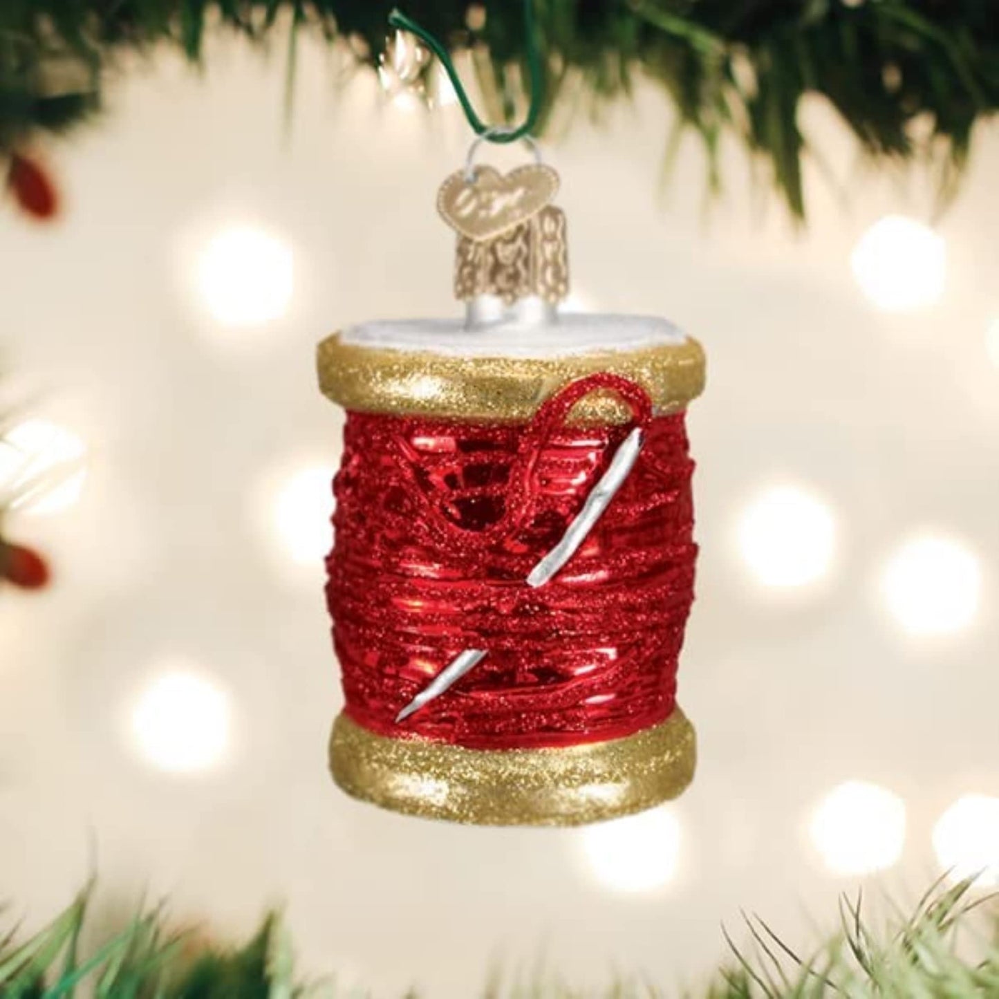 Old World Christmas Red Spool of Thread Glass Blown Ornament for Christmas Tree