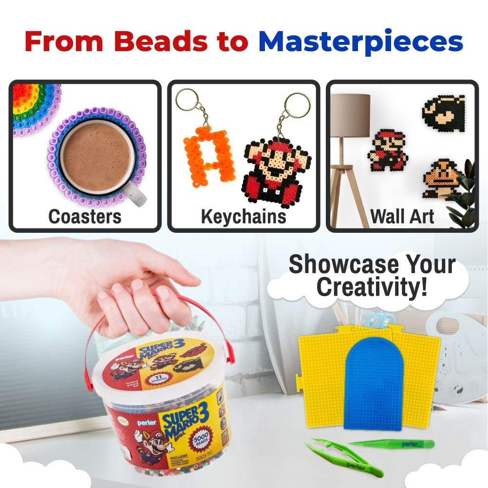 Super Mario Bros 3 Perler Beads Set with Perler Bead Pegboard (x3), Perler Tweezers (x2) and Ironing Paper - Fuse Bead Kit for Mini Beads Pixel Art - 5000 pcs Perler Beads Kit