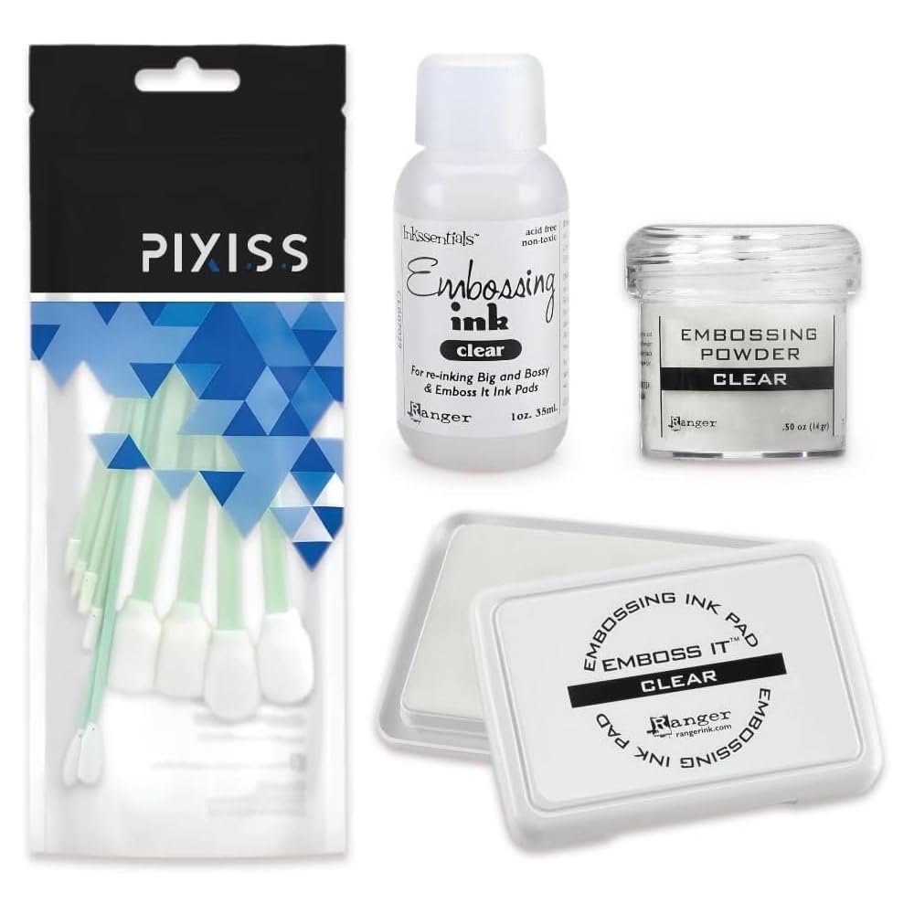 Ranger Emboss It Ink Pad and Reinker and Embossing Powder (Clear) and Blending Tools - Clear Embossing Ink Pad, Ink Refill, Embossing Powder and Blending Brush Tools for Card Making, Scrapbooking