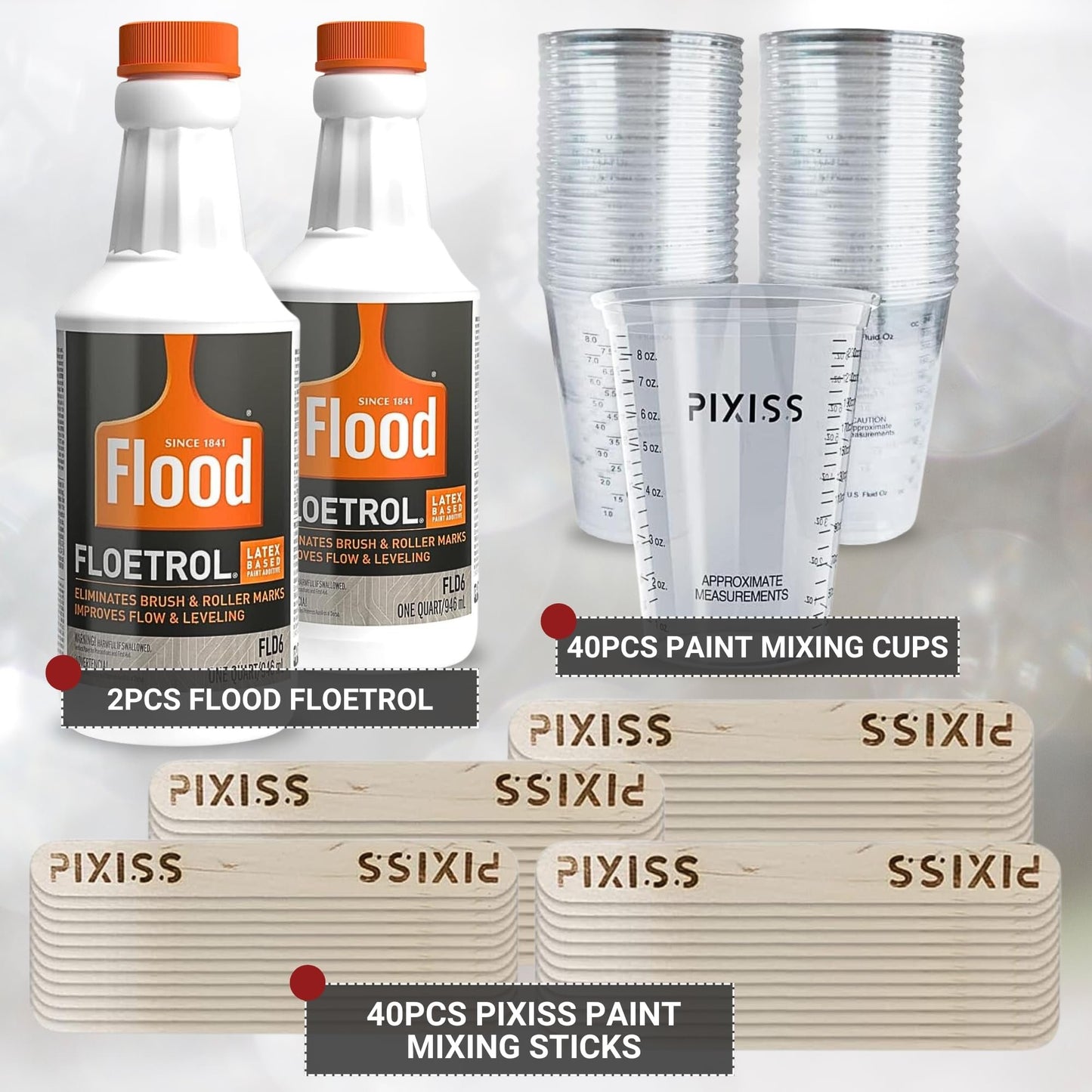 2-Pack Floetrol for Acrylic Paint Pouring Medium Additive and Paint Pouring Supplies, 40 Disposable Paint Mixing Cups, 40x Pixiss Wood Paint Mixing Sticks