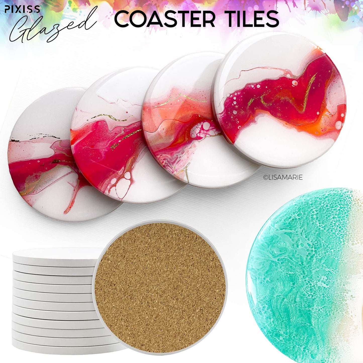 PIXISS Glazed Round Ceramic Coaster/Tiles with Cork Backing - 50PC