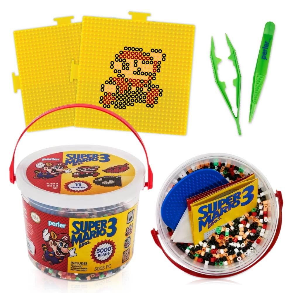 Super Mario Bros 3 Perler Beads Set with Perler Bead Pegboard (x3), Perler Tweezers (x2) and Ironing Paper - Fuse Bead Kit for Mini Beads Pixel Art - 5000 pcs Perler Beads Kit