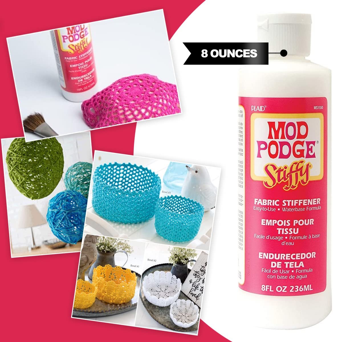 Mod Podge Stiffy Fabric Stiffener - 8oz Quick Mod Podge Fabric and Hat Stiffener, 3 Pixiss Foam Brushes for Fabric Stiffener Spray and Mod Podge Crafts