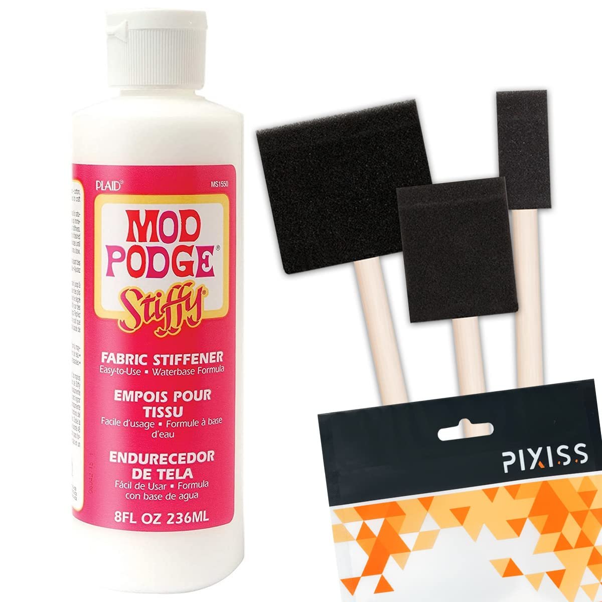 Mod Podge Stiffy Fabric Stiffener - 8oz Quick Mod Podge Fabric and Hat Stiffener, 3 Pixiss Foam Brushes for Fabric Stiffener Spray and Mod Podge Crafts