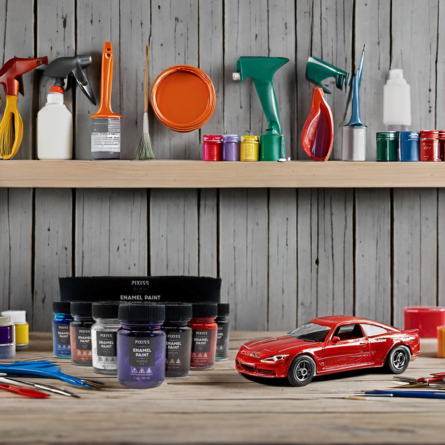 Pixiss Enamel Paints Gloss Set with Model Building Kit and 6 Brushes – Complete Hobbyist Bundle for Models, Crafts, and DIY Projects