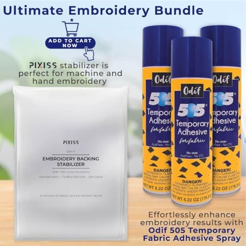 Odif 505 Fabric Adhesive Spray (7.2oz 3pk) with Embroidery Stabilizer (55gsm 10yds x 10in) - Fabric Stabilizer 505 Spray with Hand Embroidery Compatible Cut Away Stabilizer for Machine Embroidery