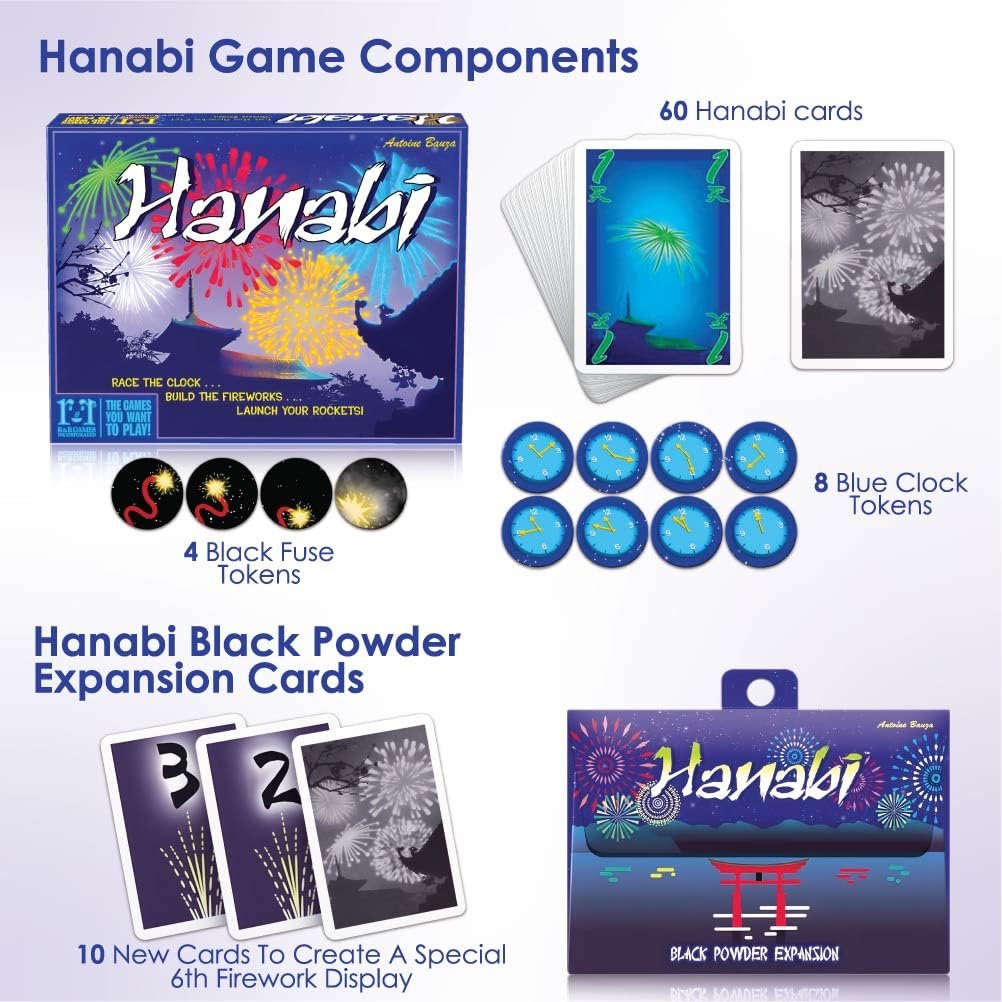 Hanabi Card Game with Black Powder Expansion and Playing Cards Holder (4pk) for Kids, Adults, Seniors - Hanabi and Expansion with Card Game Holder for Cooperative Games and Strategy Card Games