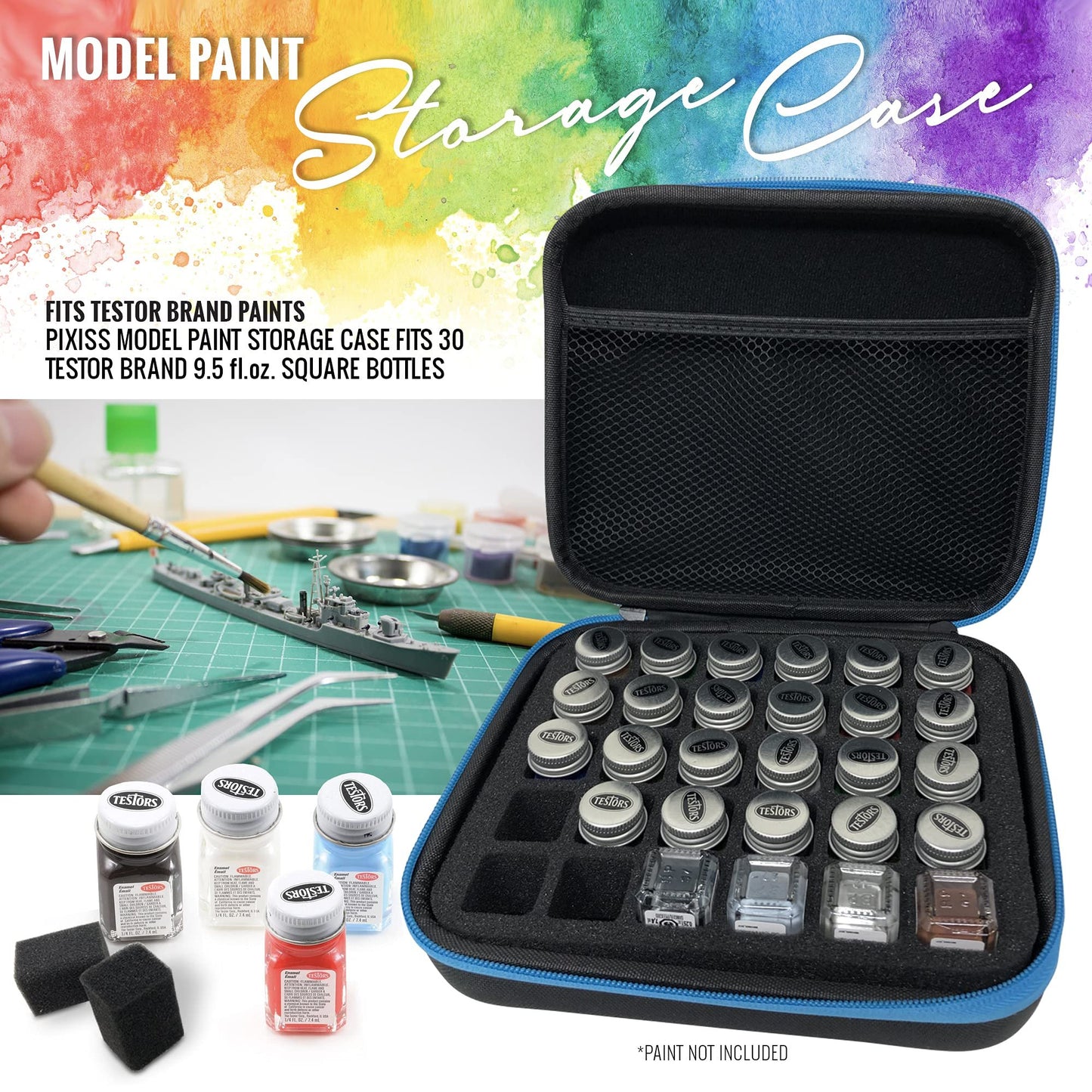 Pixiss Model Paint Storage Case for Testors Paints with 6 Fine Detail Miniatures Paint Brushes (Paint Not Included)