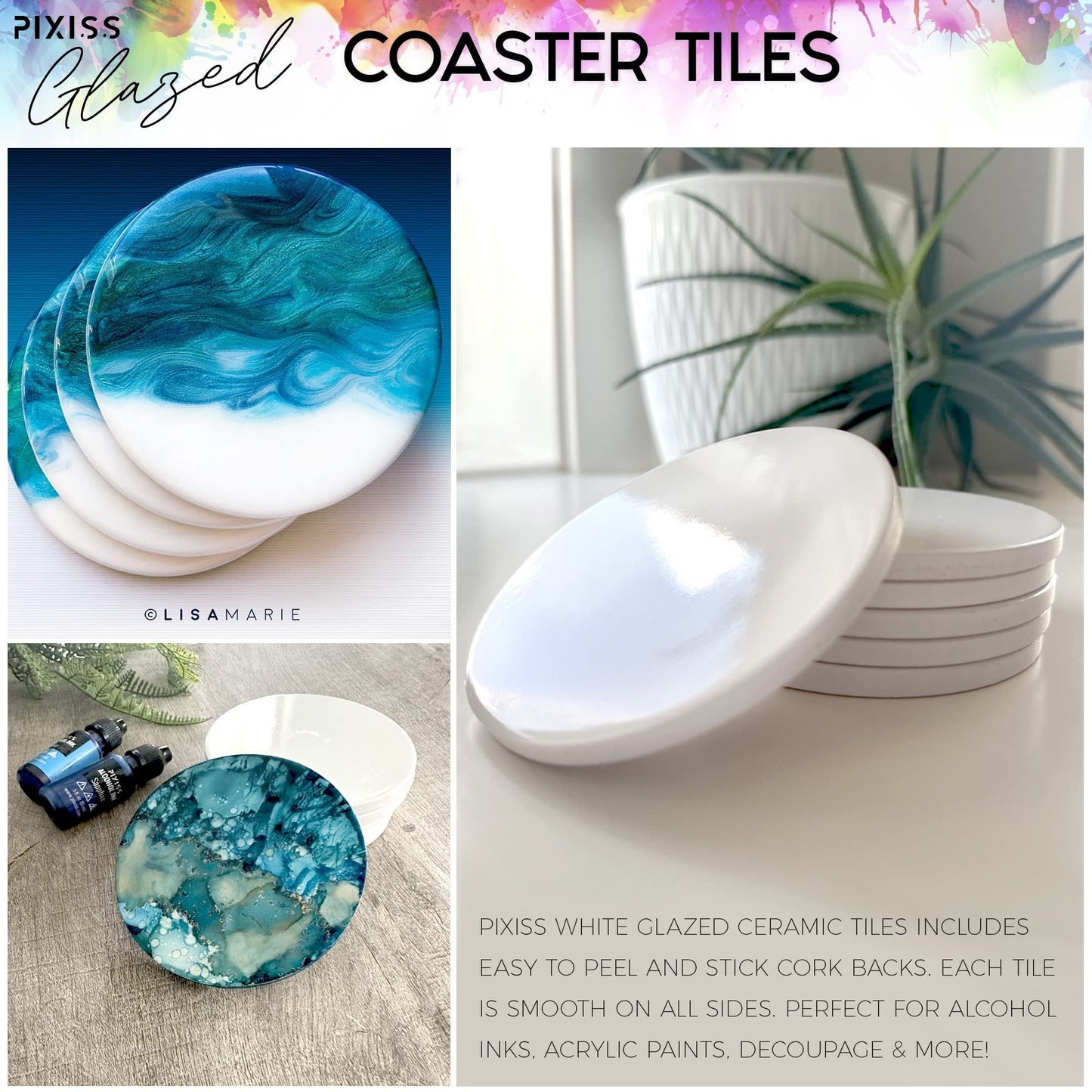PIXISS Glazed Round Ceramic Coaster/Tiles with Cork Backing - 50PC