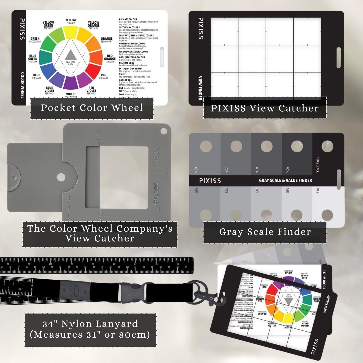 Artist Viewfinder and Color Checker Passport with Lanyard (Measures up to 31") – Pocket Color Wheel, Gray Scale Value Finder, White Balance Card for Camera Accessories for Photography