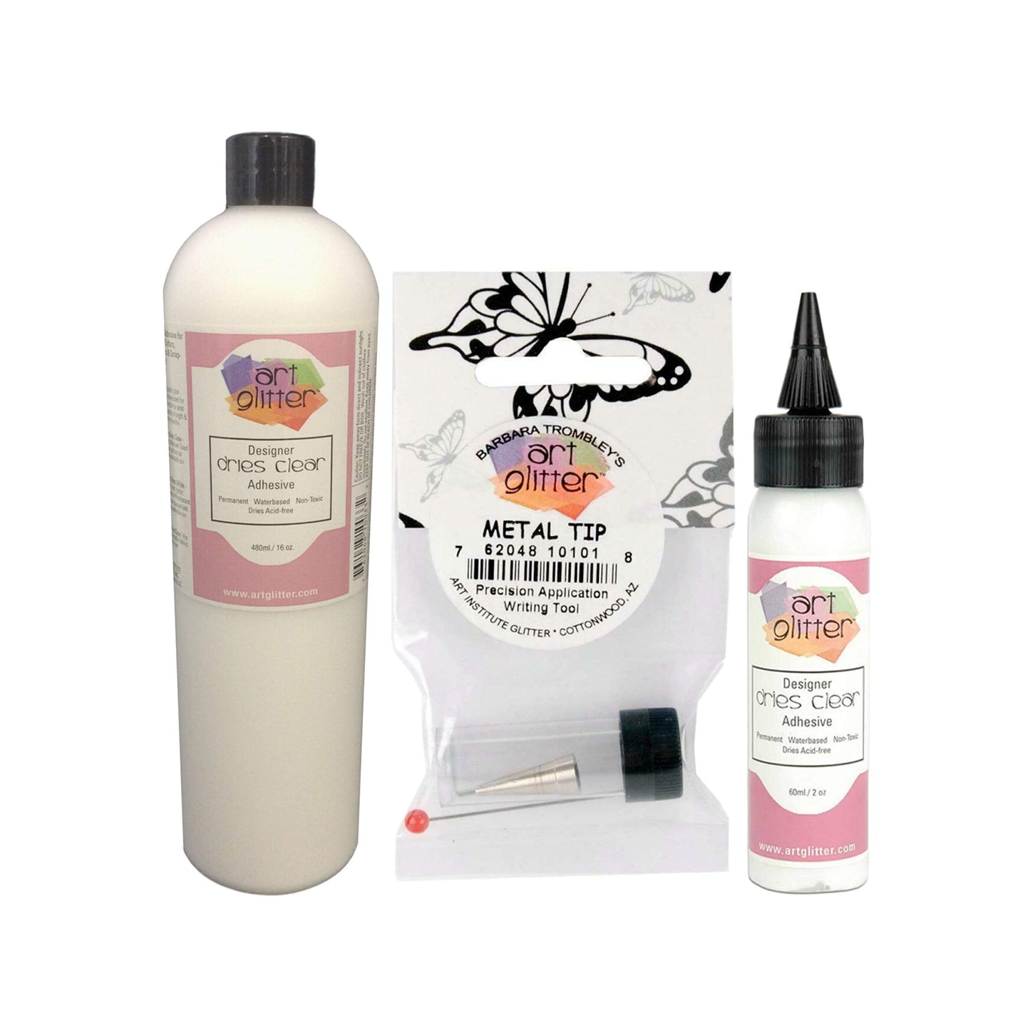 Art Glitter Designer Dries Clear Adhesive Non-Toxic Water-Based 2oz (60ml) and 16oz (480ml) with Metal Tip Precision Application Writing Tool — Arts and Crafts Scrapbooking Supplies Kit