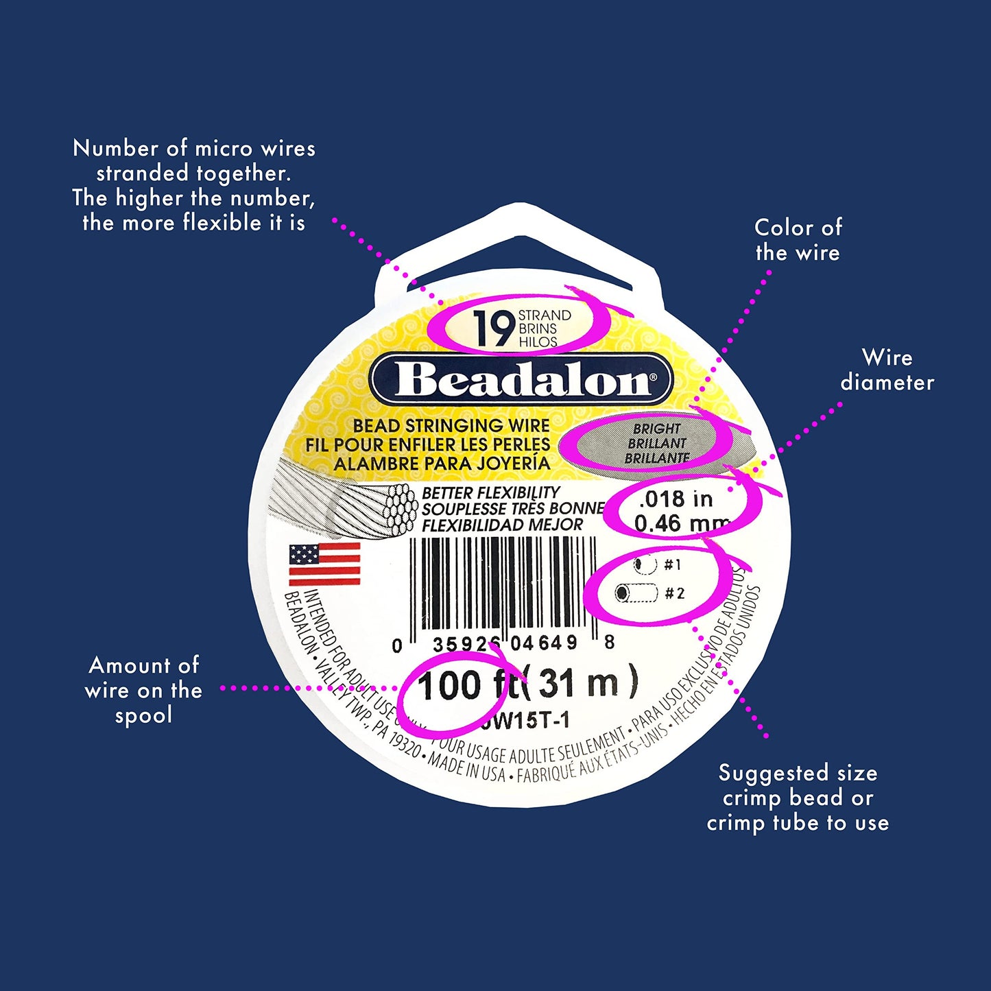 Beadalon 19 Strand Stainless Steel Bead Stringing Wire, 012 in / 0.30 mm, Bright, 30 ft / 9.2 m