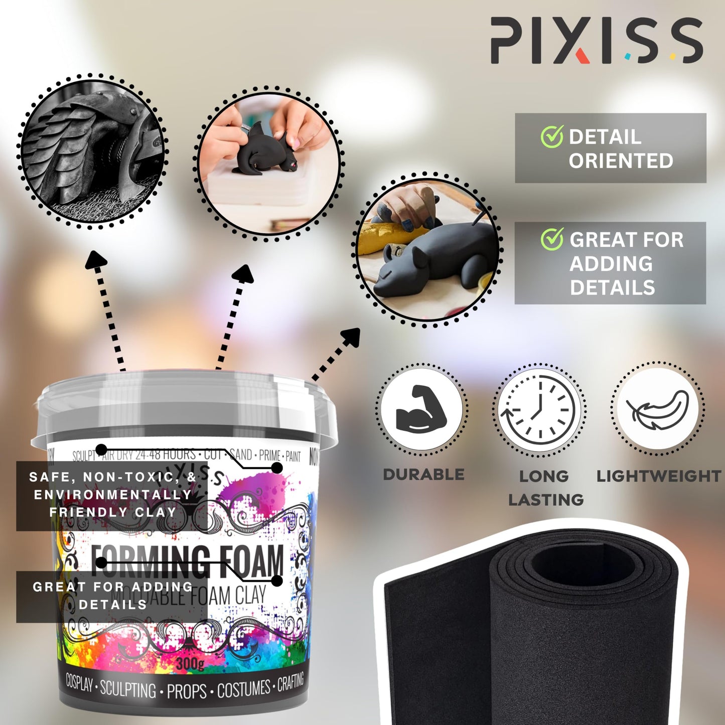 Air Dry Clay Foam (Black 300g) and EVA Foam (35cm x 150cm x 5mm Foam Roll) and DAP Weldwood Contact Cement (3oz) - Cosplay Foam and Clay Kit with Contact Cement Adhesive for DIY, Sculpting