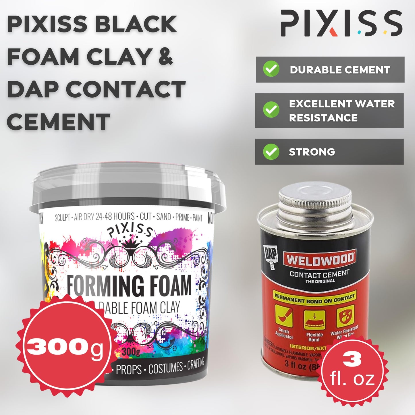 Air Dry Clay Foam (Black 300g) and EVA Foam (35cm x 150cm x 5mm Foam Roll) and DAP Weldwood Contact Cement (3oz) - Cosplay Foam and Clay Kit with Contact Cement Adhesive for DIY, Sculpting