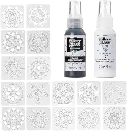 Gallery Glass (2 fl oz Jewel Tones) and 16 Pixiss Stencils for Crafts - Stained Glass Paint and Liquid Leading for Faux Stained Glass Painting with Paint Stencils for Spray Paint, Drawing, etc