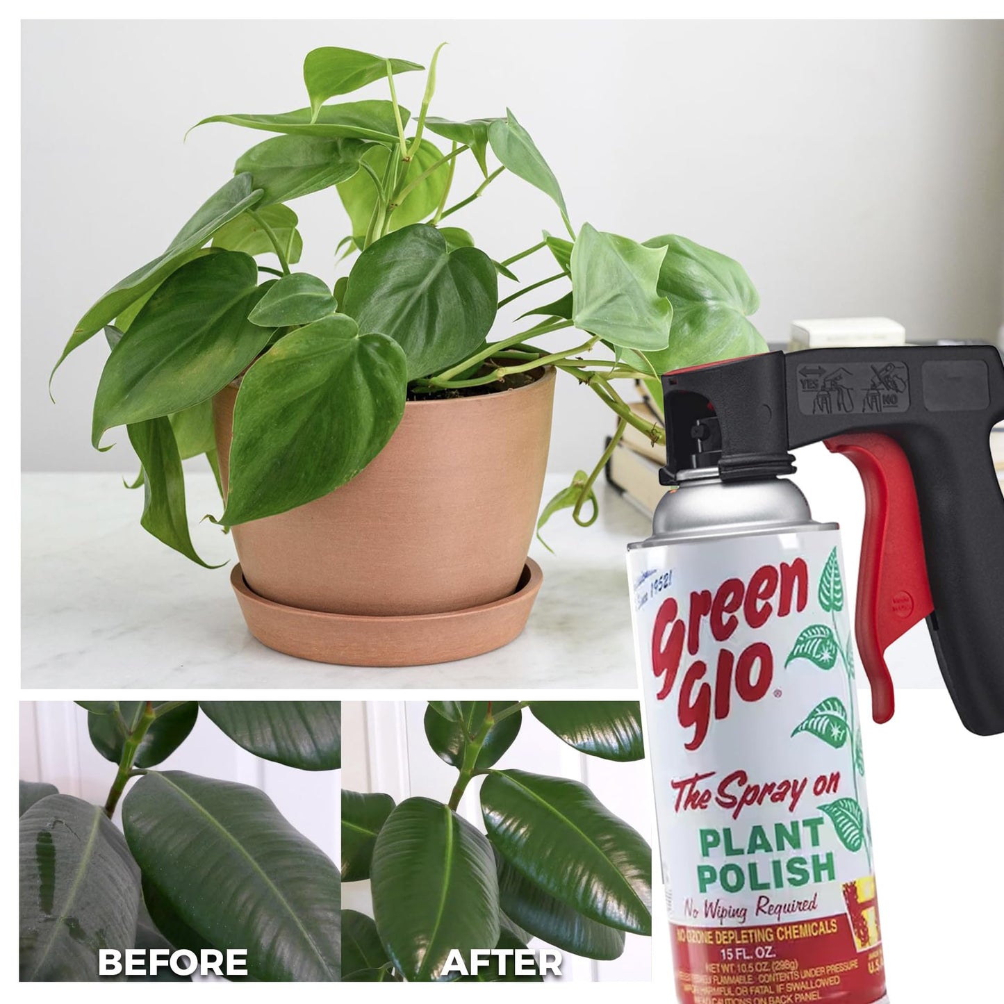 3-Pack Green Glo Plant Polish – 13 oz Aerosol Spray for Natural Leaf Shine, Dust Removal, and Foliage Care with Pixiss Spray Handle – Perfect for Indoor Plants, Floral Arrangements, and Leaf Cleaning