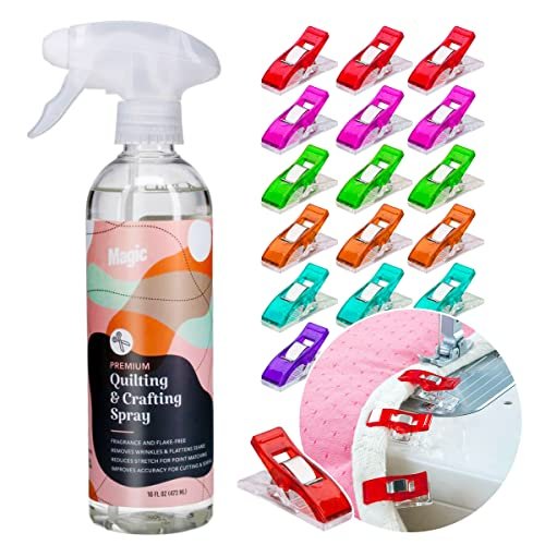 Magic Spray for Quilting & Crafting - Eliminates Odors & Wrinkles - Magic Sizing Ironing Spray & Fabric Spray - Magic Fabric Spray for Cutting, Creasing, & Sewing - 25 Fabric Sewing Clips