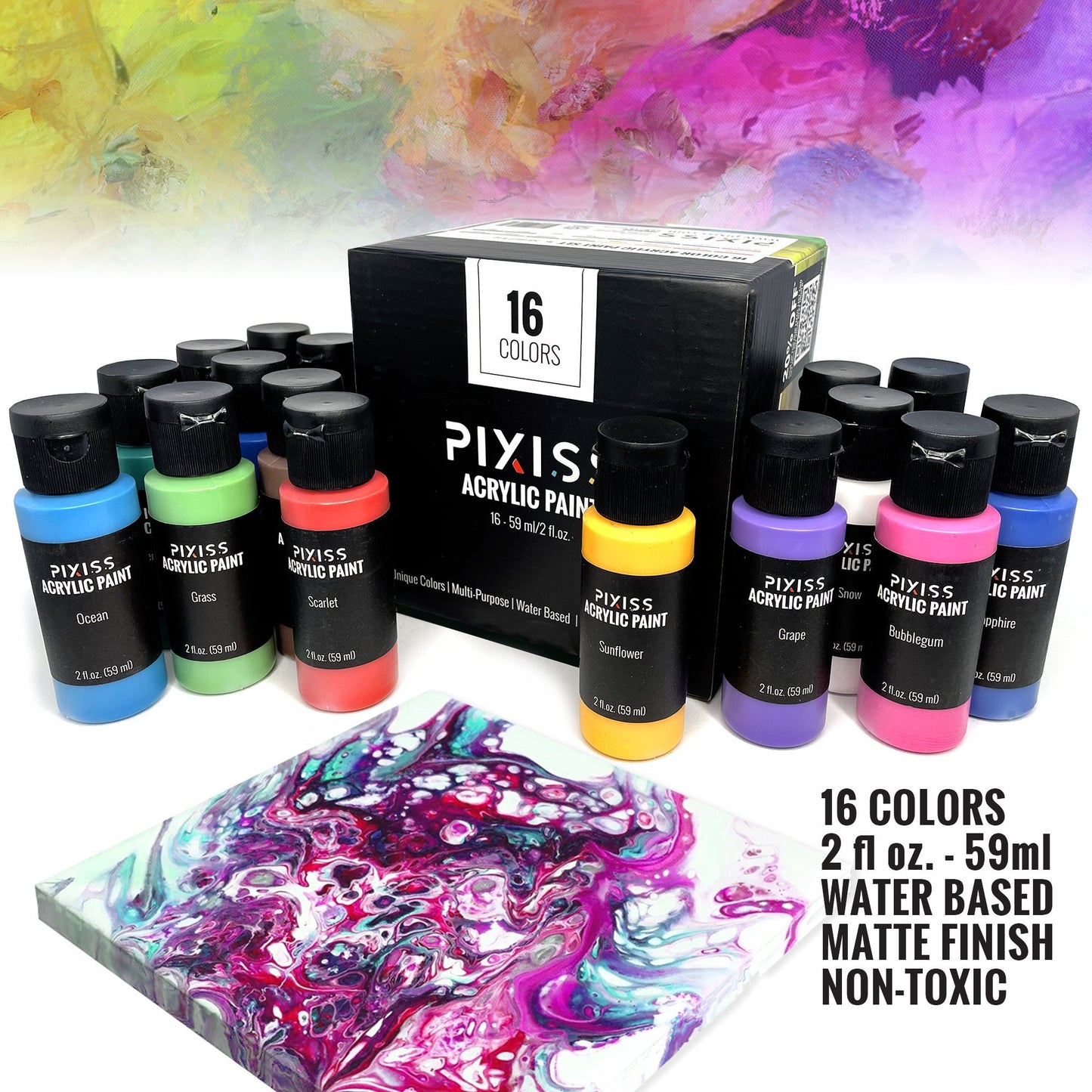 PIXISS Acrylic Paint - 16 Color Set