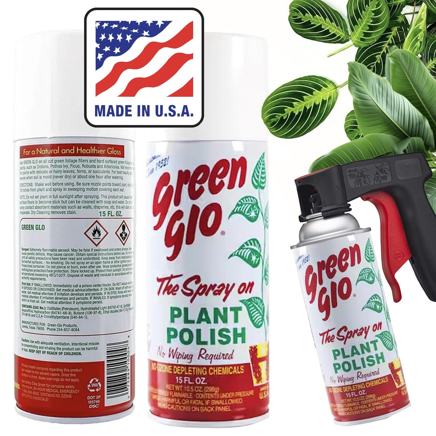 3-Pack Green Glo Plant Polish – 13 oz Aerosol Spray for Natural Leaf Shine, Dust Removal, and Foliage Care with Pixiss Spray Handle – Perfect for Indoor Plants, Floral Arrangements, and Leaf Cleaning