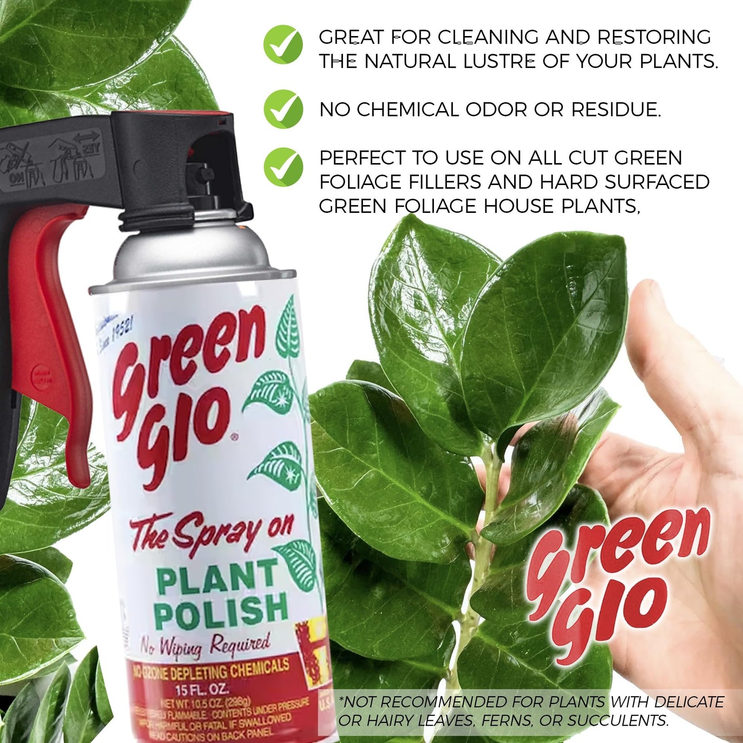3-Pack Green Glo Plant Polish – 13 oz Aerosol Spray for Natural Leaf Shine, Dust Removal, and Foliage Care with Pixiss Spray Handle – Perfect for Indoor Plants, Floral Arrangements, and Leaf Cleaning
