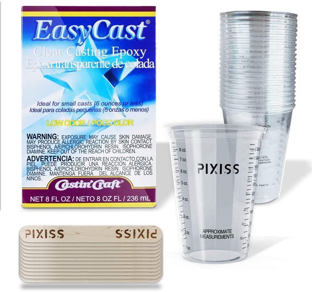 EasyCast 8-Ounce Kit Casting' Craft Casting Epoxy 20x Disposable Graduated Clear Plastic Cups, Pixiss Mixing Sticks Bundle