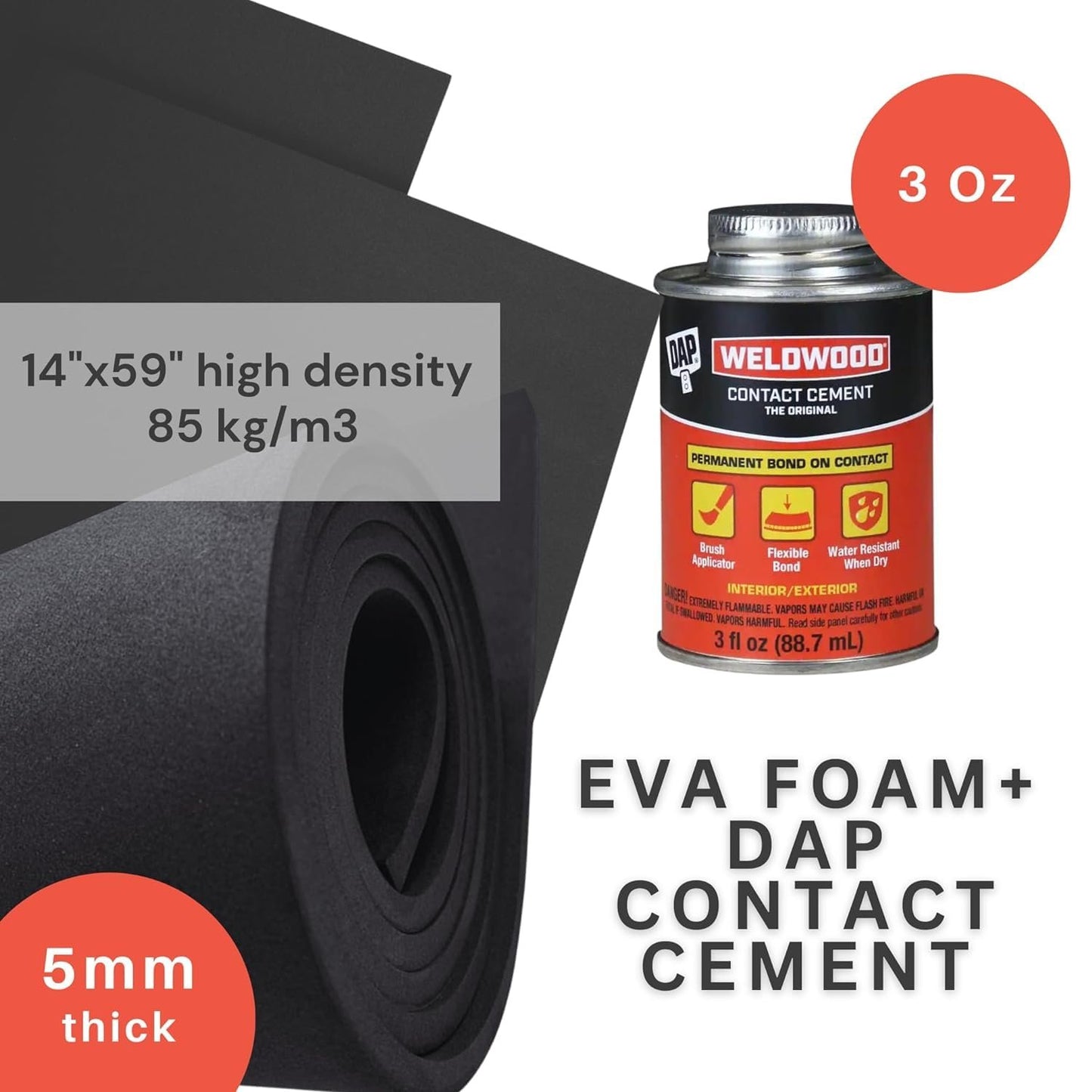 EVA Foam Roll and Contact Cement Adhesive - DAP Weldwood Cement Glue (3oz) with Pixiss EVA Foam Roll 5mm x 35cm x 150cm