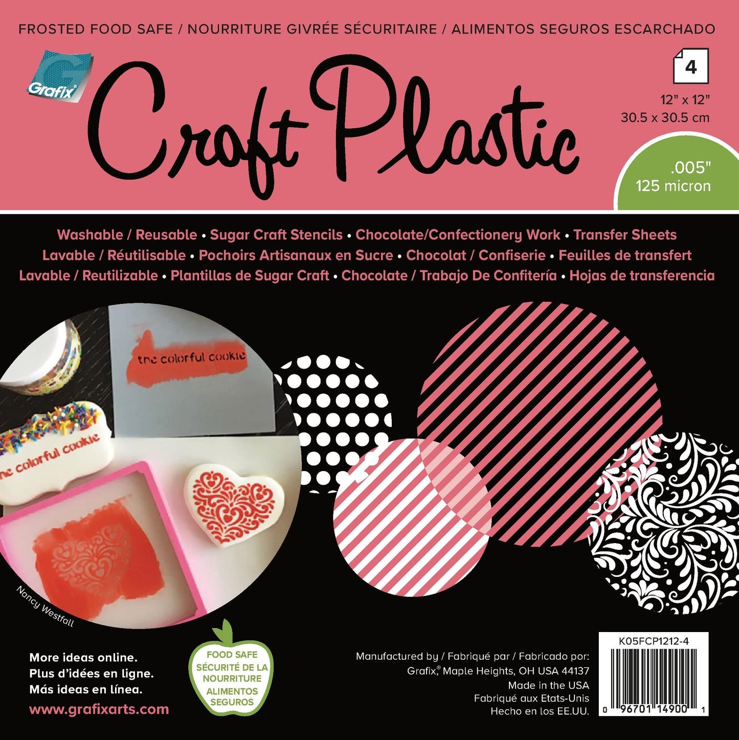 Grafix Food-Safe Plastic Frosted, 12 x 12”, Pack of 4 – Reusable .005” Thick Translucent Film, Perfect for Sugar Craft Stencils, Cookie and Cake Decorating, Chocolate Work (K05FCP1212-4)