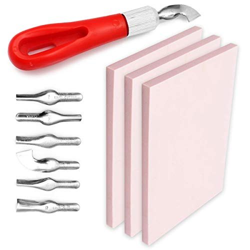 Stamp Carving Kit, 3 Rubber Blocks, Brayer, Lino Carving Tool, Precision Knife Kit, 15 Stamp Ink Pads