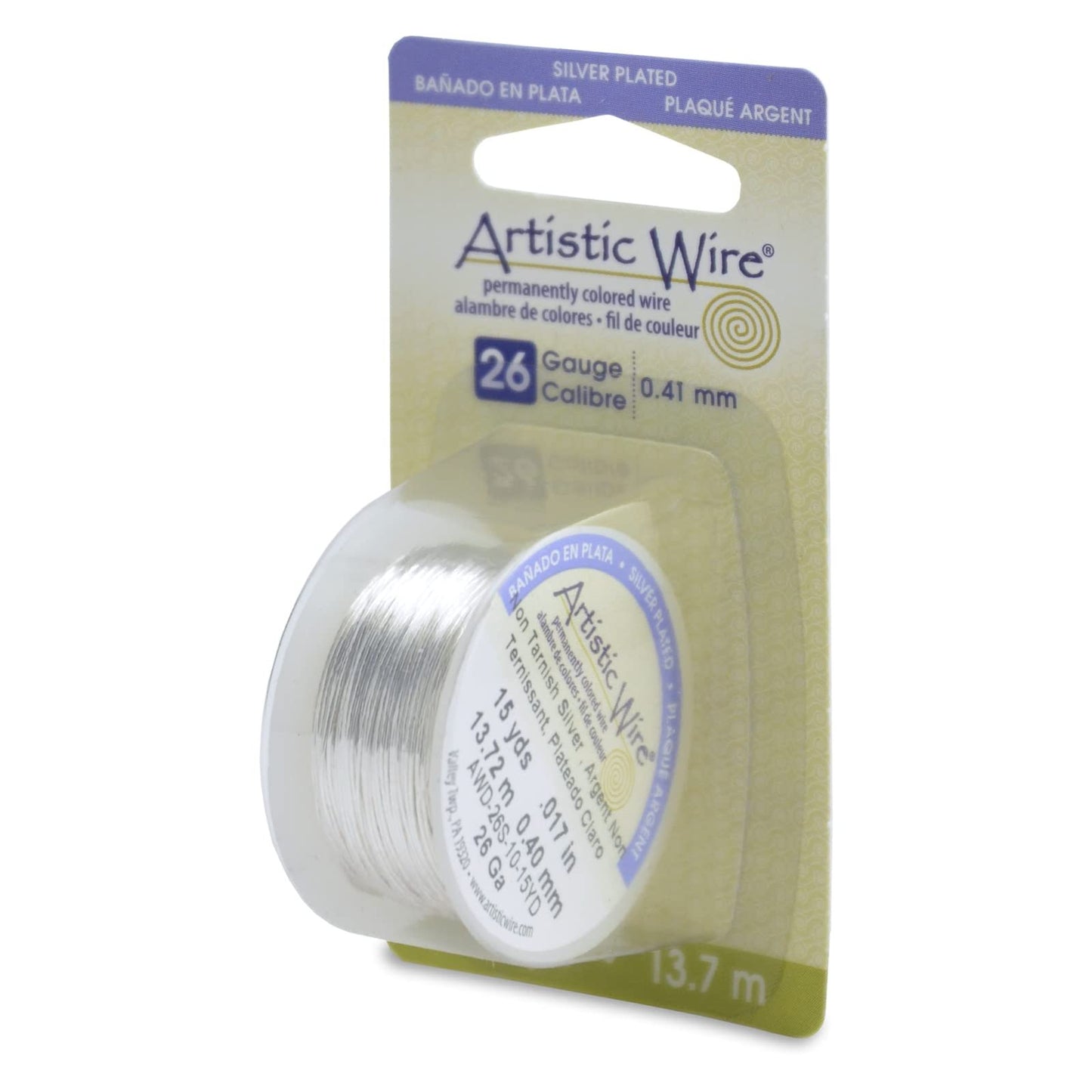 Artistic Wire, 22 Gauge Silver Plated Tarnish Resistant Colored Copper Craft Jewelry Wrapping Wire, Tarnish Resistant Silver, 8 yd