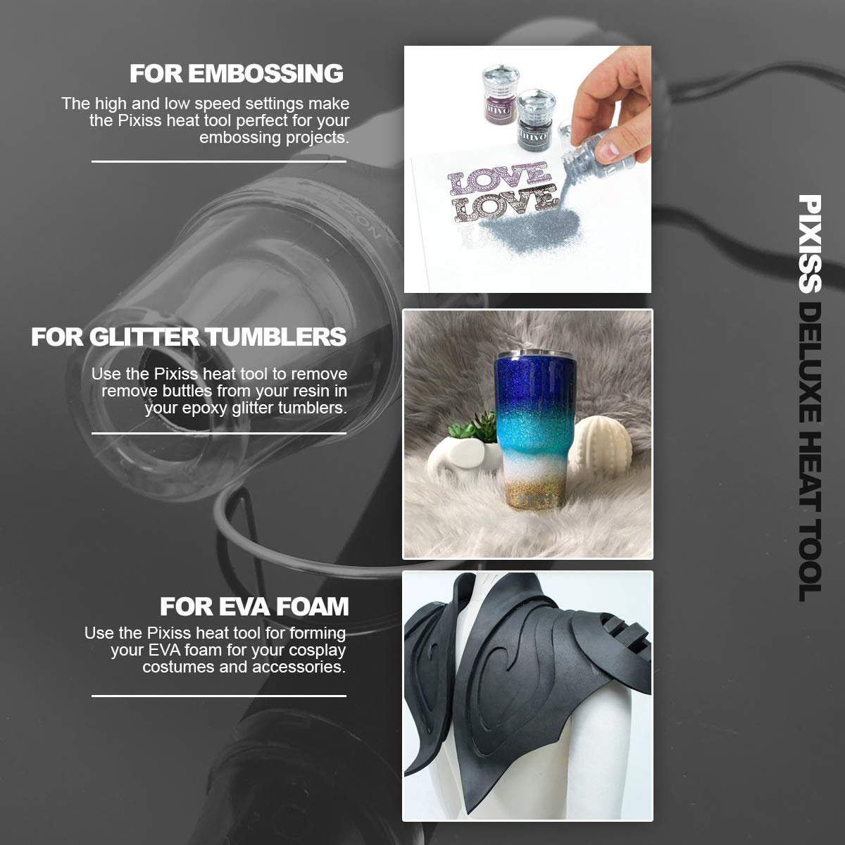 Embossing Heat Tool Heat Gun, Dual Temperature Speed Professional Heat Tool for EVA Foam Cosplay, Crafts, Embossing Arts, Candles, Shrink Wrap, with 4 Pixiss Embossing Powders